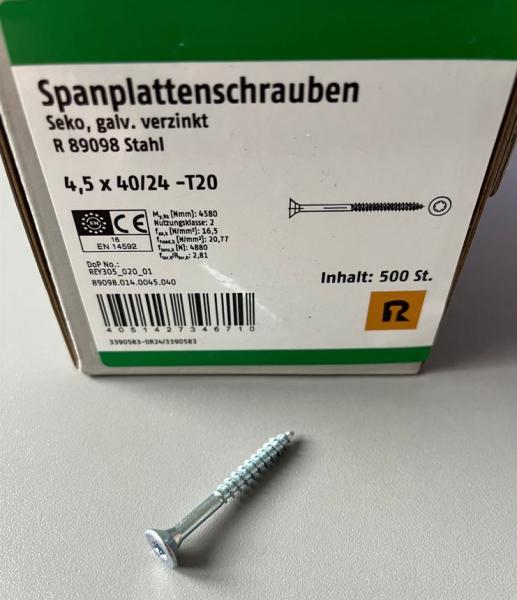 500 Stück Spanplattenschrauben Seko, galv. verzinkt 4,5 x 40/24 -T20 , Spax, 89098.014.0045.040 (VPE: 500 Stück)